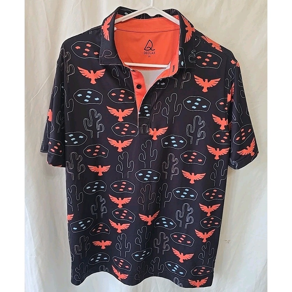 DEOLAX Mens Size M Polo Golf Shirt Casual Classic Dry‎ Fit Black Desert Theme